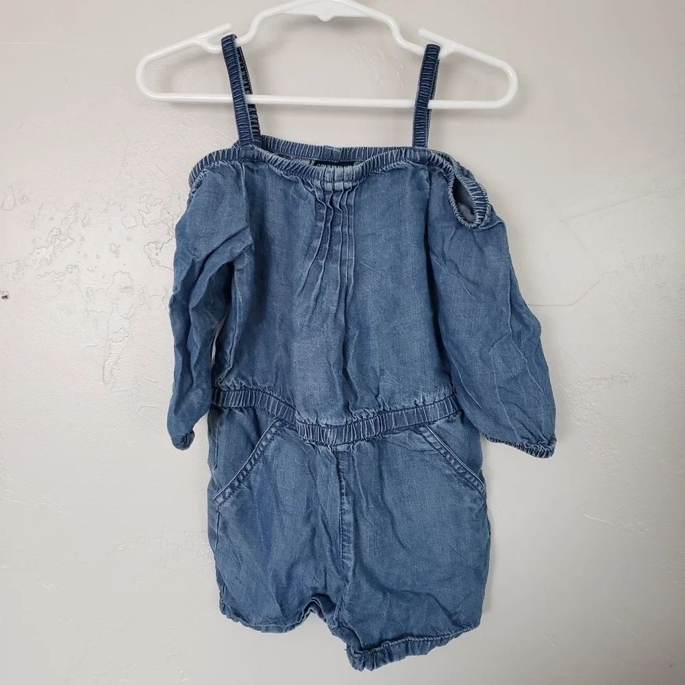 Oshkosh Denim Blue Cold Shoulder Romper Toddler Girl 4T Quarter Sleeve